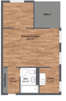 Einraumwohnung mit Balkon im Graßdorfer Wäldchen in Taucha - Grundriss (26578)